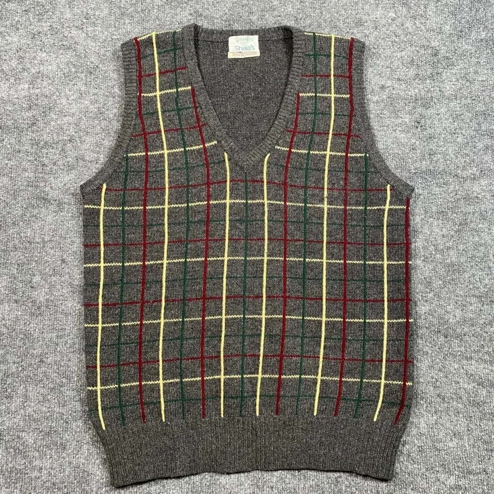 Gitman Bros Shaia's Vintage Men Gray Plaid V-Neck Sweater Vest Large Hong Kong‎